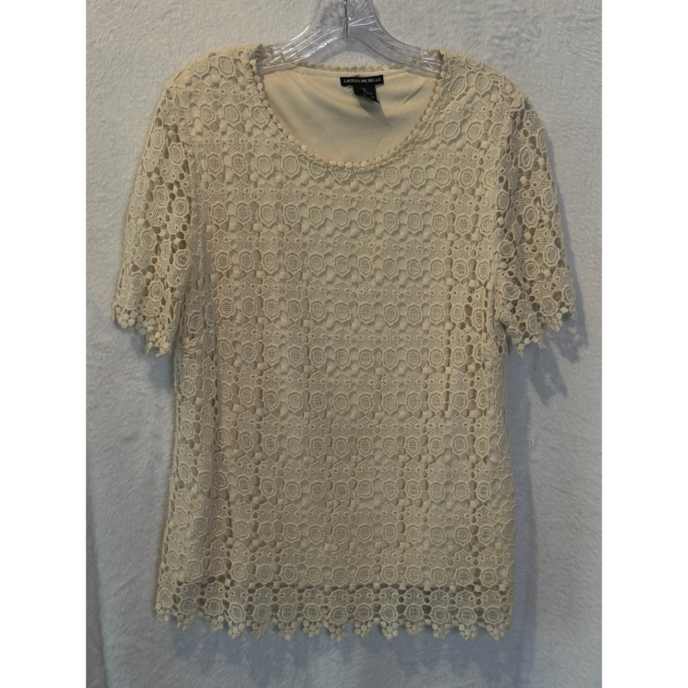 Lauren Michelle Cream Lace Top XL Cottagecore Boho Short Sleeve Floral Hem‎